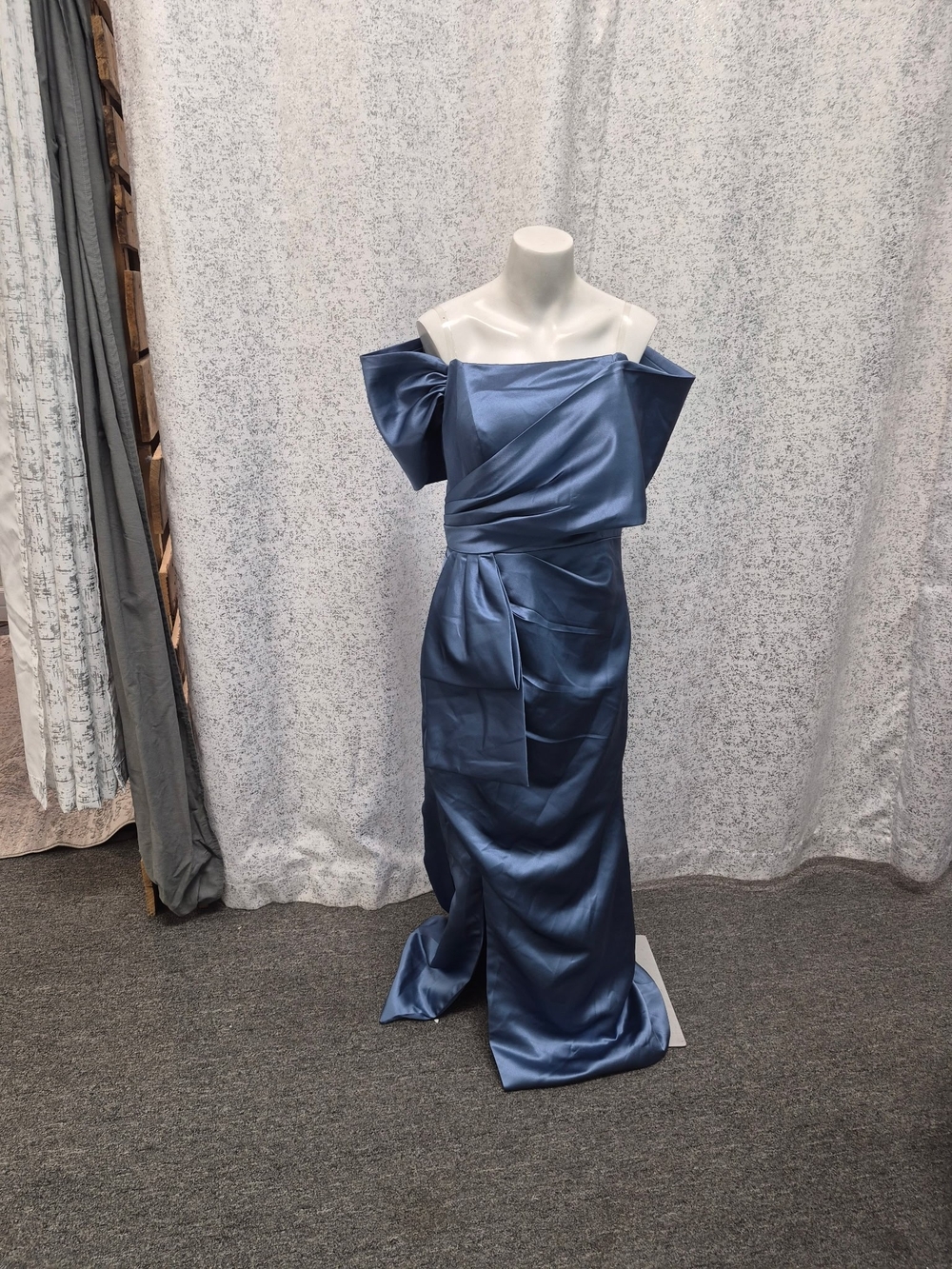 Elegant Off-Shoulder Satin Evening Gown in Slate Blue